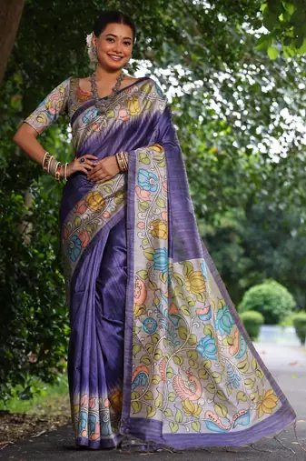 purple soft tussar silk kalamkari printed designer saree with blouse