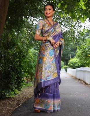 purple soft tussar silk kalamkari printed designer saree with blouse 3