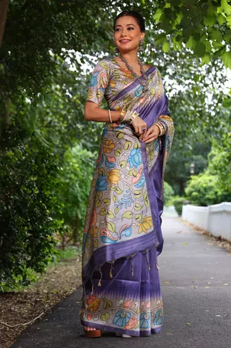 purple soft tussar silk kalamkari printed designer saree with blouse