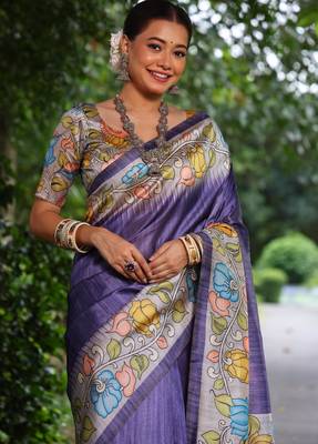 purple soft tussar silk kalamkari printed designer saree with blouse 4