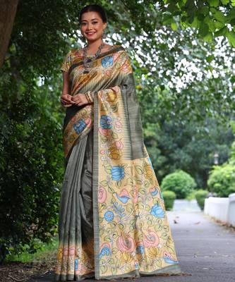 grey soft tussar silk kalamkari printed designer saree with blouse 1