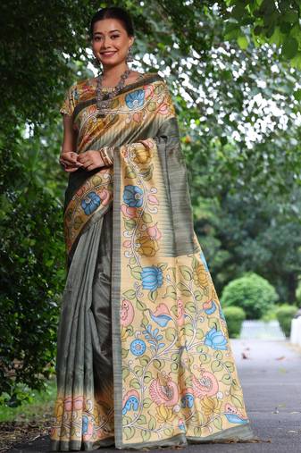 grey soft tussar silk kalamkari printed designer saree with blouse