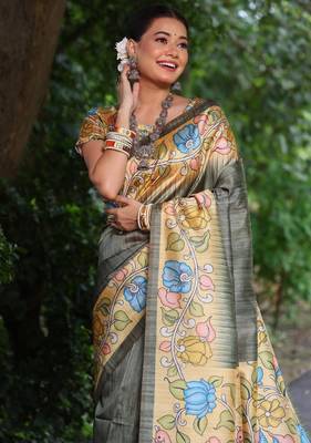 grey soft tussar silk kalamkari printed designer saree with blouse 2
