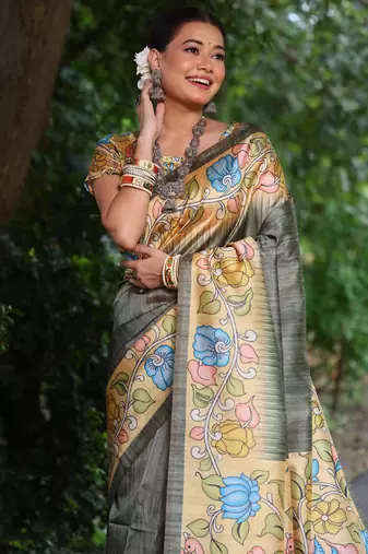 grey soft tussar silk kalamkari printed designer saree with blouse