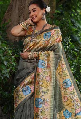 grey soft tussar silk kalamkari printed designer saree with blouse 3