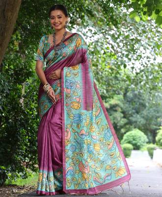 wine soft tussar silk kalamkari printed designer saree with blouse 1
