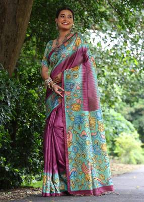 wine soft tussar silk kalamkari printed designer saree with blouse 2