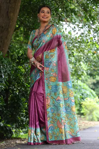 wine soft tussar silk kalamkari printed designer saree with blouse
