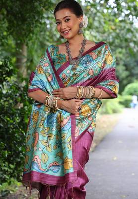 wine soft tussar silk kalamkari printed designer saree with blouse 3