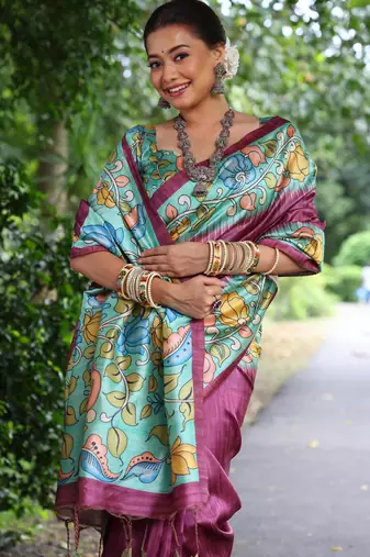 wine soft tussar silk kalamkari printed designer saree with blouse