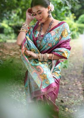 wine soft tussar silk kalamkari printed designer saree with blouse 4