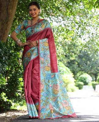 maroon soft tussar silk kalamkari printed designer saree with blouse 1