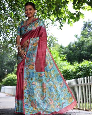maroon soft tussar silk kalamkari printed designer saree with blouse 2