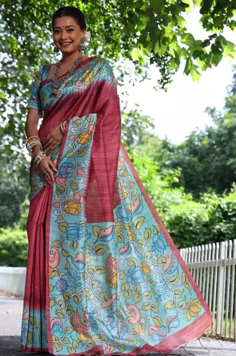 maroon soft tussar silk kalamkari printed designer saree with blouse