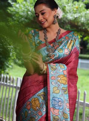 maroon soft tussar silk kalamkari printed designer saree with blouse 3
