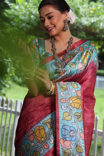 maroon soft tussar silk kalamkari printed designer saree with blouse