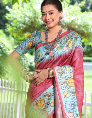 maroon soft tussar silk kalamkari printed designer saree with blouse 4
