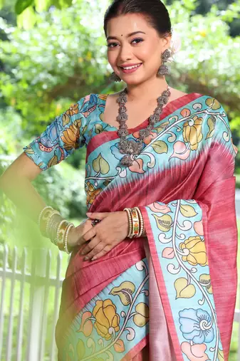 maroon soft tussar silk kalamkari printed designer saree with blouse