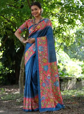 blue soft tussar silk kalamkari printed designer saree with blouse 1