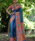 blue soft tussar silk kalamkari printed designer saree with blouse