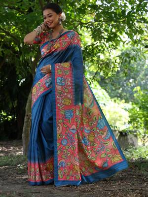 blue soft tussar silk kalamkari printed designer saree with blouse 2
