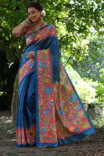 blue soft tussar silk kalamkari printed designer saree with blouse
