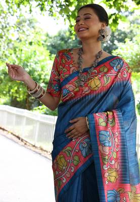 blue soft tussar silk kalamkari printed designer saree with blouse 3