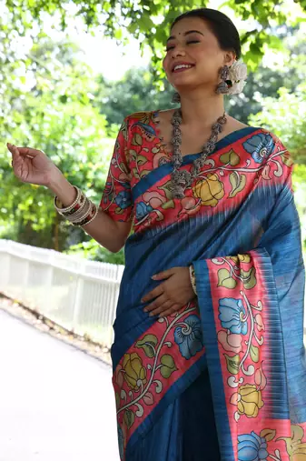 blue soft tussar silk kalamkari printed designer saree with blouse