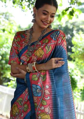 blue soft tussar silk kalamkari printed designer saree with blouse 4