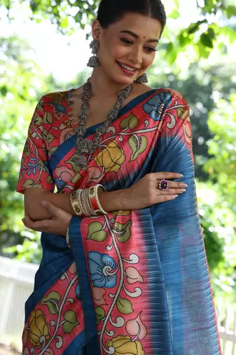 blue soft tussar silk kalamkari printed designer saree with blouse