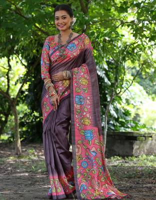 black soft tussar silk kalamkari printed designer saree with blouse 1