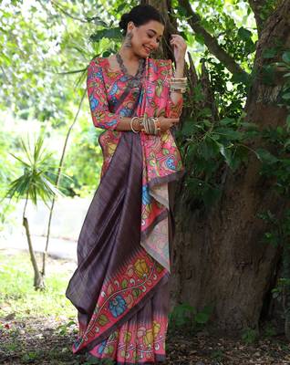 black soft tussar silk kalamkari printed designer saree with blouse 2