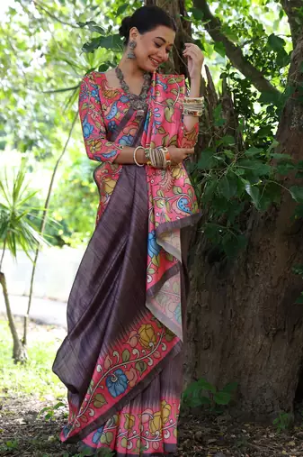 black soft tussar silk kalamkari printed designer saree with blouse