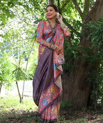 black soft tussar silk kalamkari printed designer saree with blouse 3