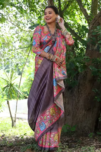 black soft tussar silk kalamkari printed designer saree with blouse