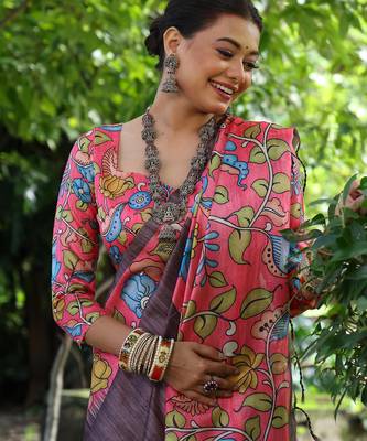 black soft tussar silk kalamkari printed designer saree with blouse 4