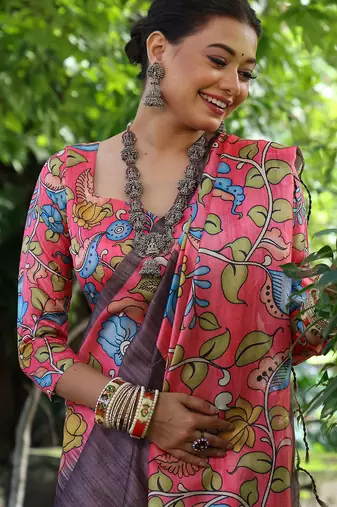 black soft tussar silk kalamkari printed designer saree with blouse