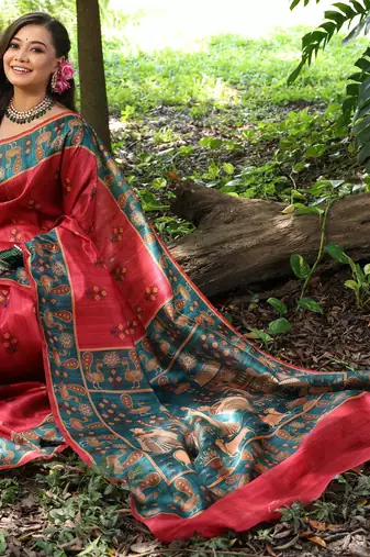 black soft tussar silk peacock printed designer saree with blouse