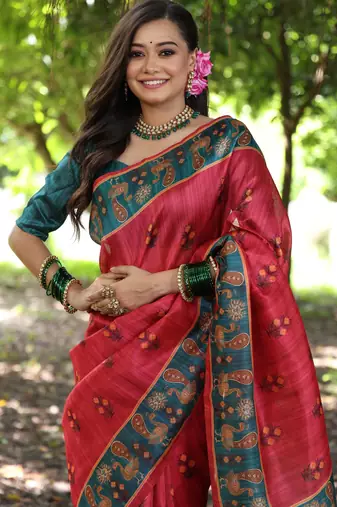 black soft tussar silk peacock printed designer saree with blouse