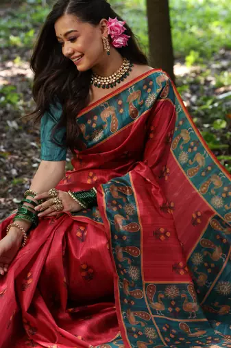black soft tussar silk peacock printed designer saree with blouse