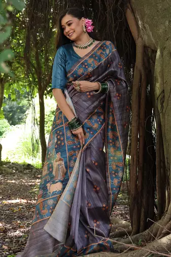 gajri red soft tussar silk peacock printed designer saree with blouse