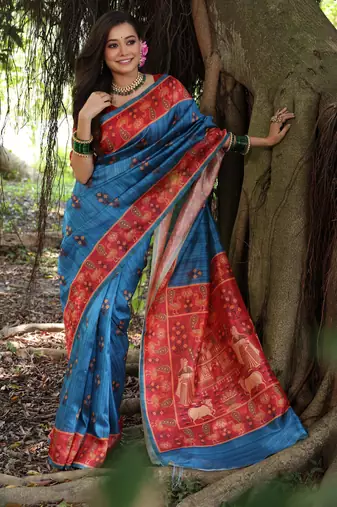 wine soft tussar silk peacock printed designer saree with blouse