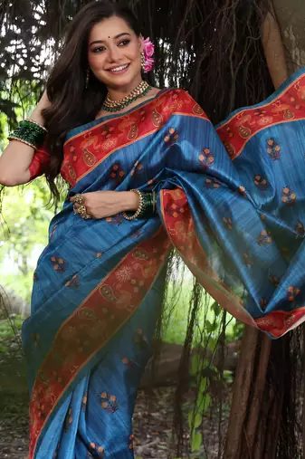wine soft tussar silk peacock printed designer saree with blouse