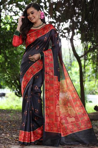 blue soft tussar silk peacock printed designer saree with blouse