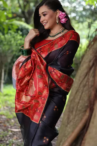 blue soft tussar silk peacock printed designer saree with blouse
