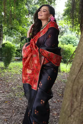 blue soft tussar silk peacock printed designer saree with blouse