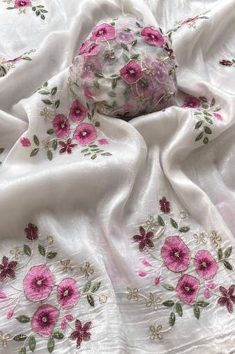 White crushed saree with beautiful flower embroidery on sarees with hand work 