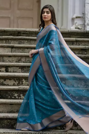 firozi soft kalyani silk zari woven designer saree with blouse
