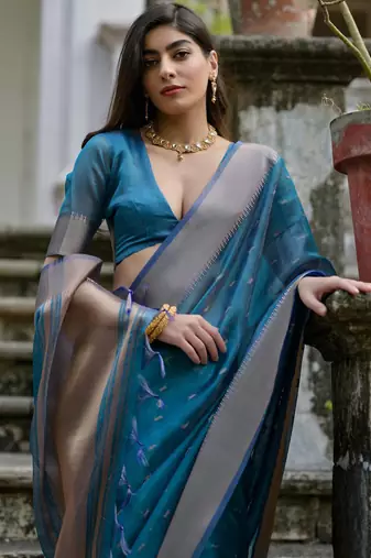 firozi soft kalyani silk zari woven designer saree with blouse