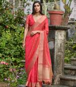 coral soft kalyani silk zari woven designer saree with blouse